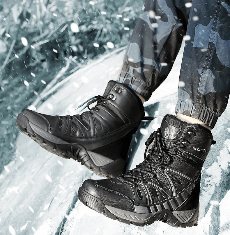 Waterproof leather anti-slip military snow boots with warm plush, perfect for cold weather adventures, featuring durable construction.